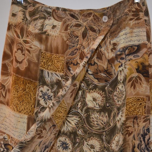 MARK SHALE Midi Skirt Lining Front Fold Floral Cream-Brown Zip Back USA 10 - Picture 4 of 10